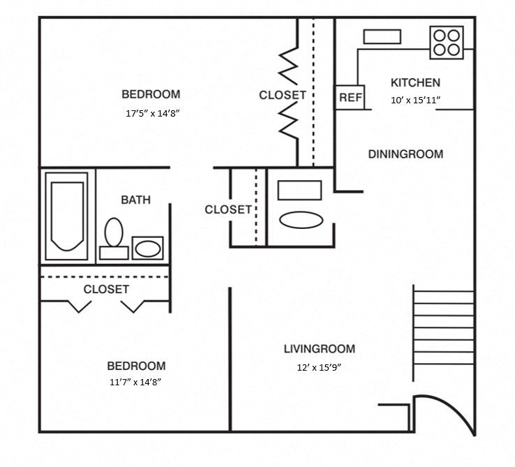 Floor plan for 2 beds, 1 bath, 950 sqft